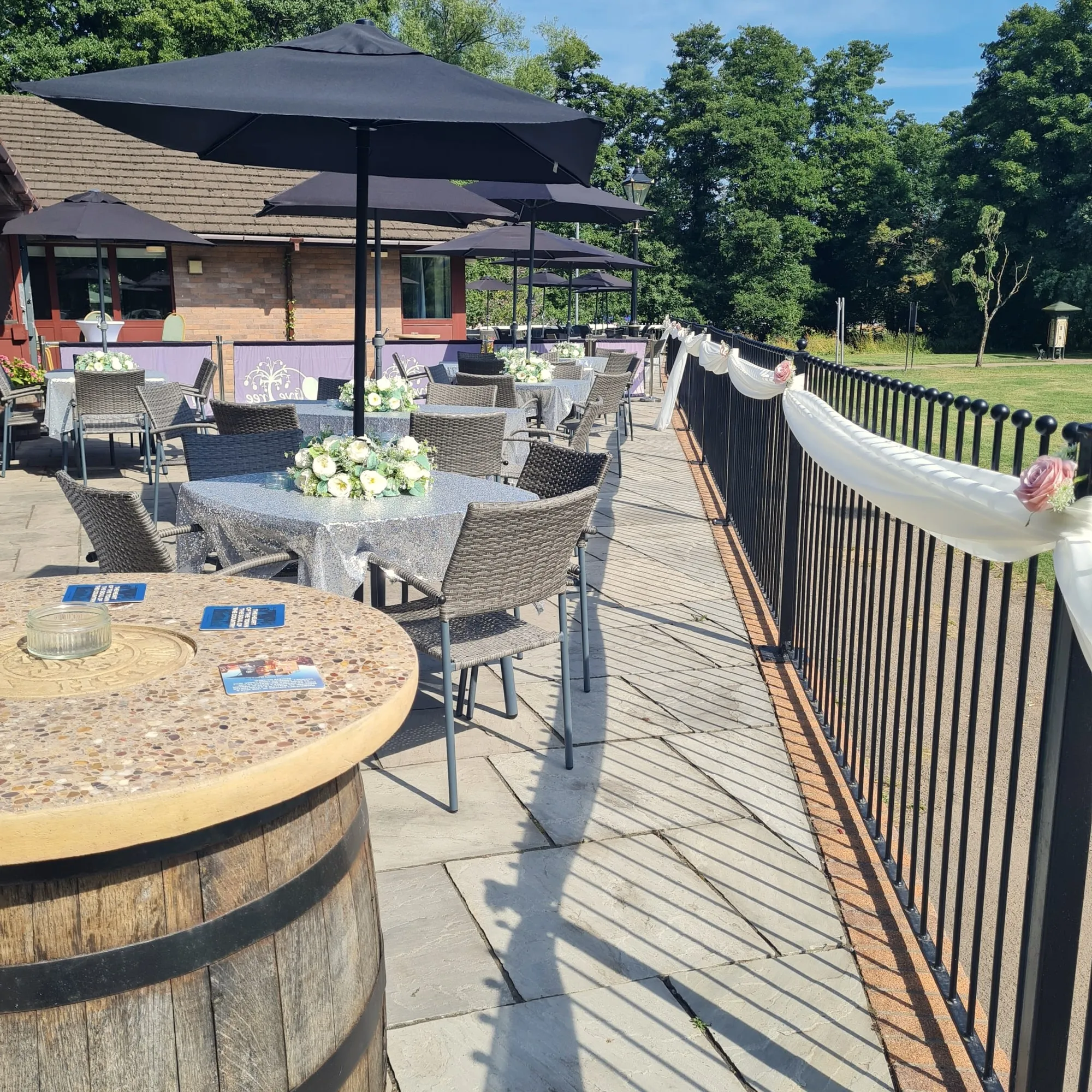 Patio tables and parasols on a summer day
